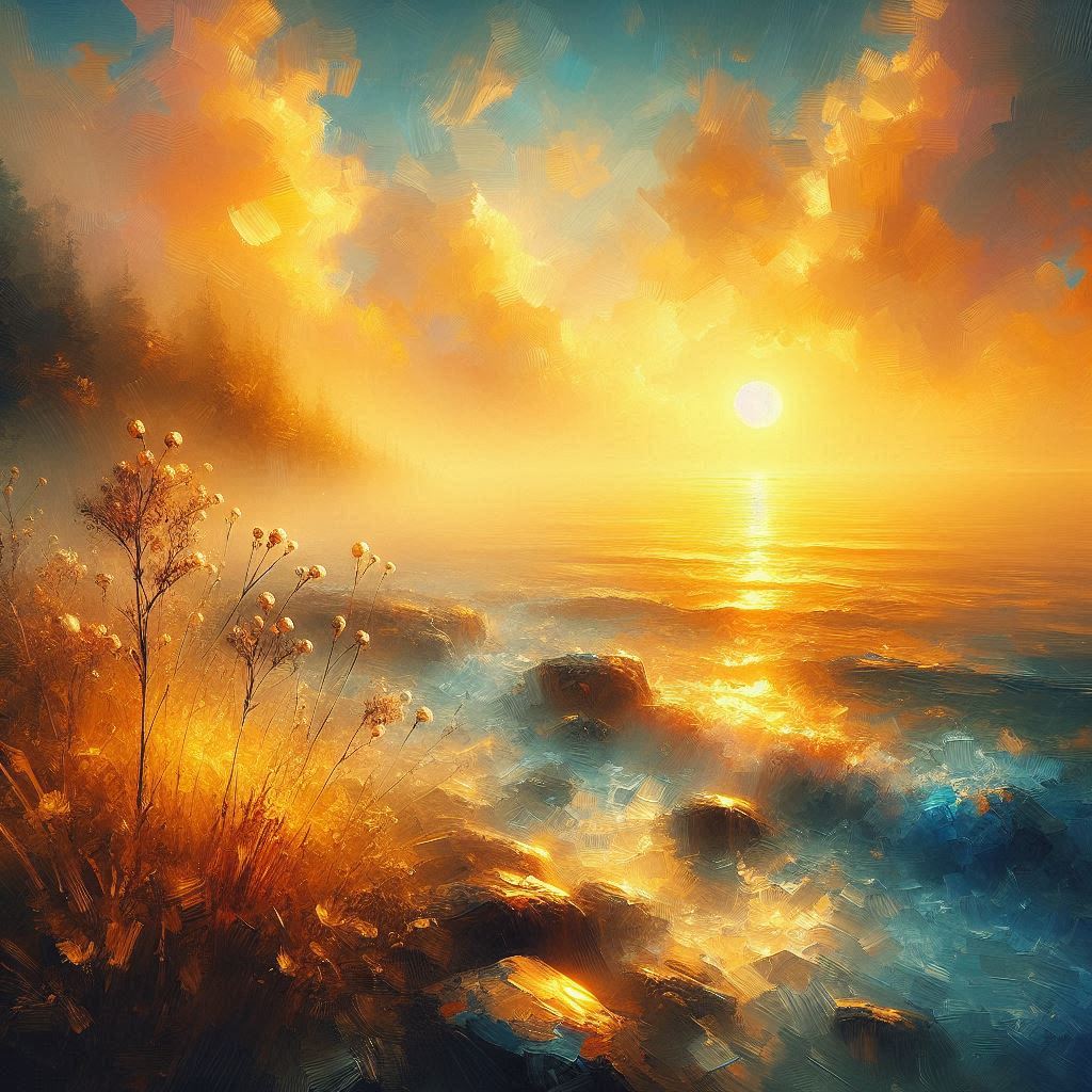 황금빛 일출과 잔잔한 물결, 인상주의, 대기 원근법, 부드러운 그라데이션1