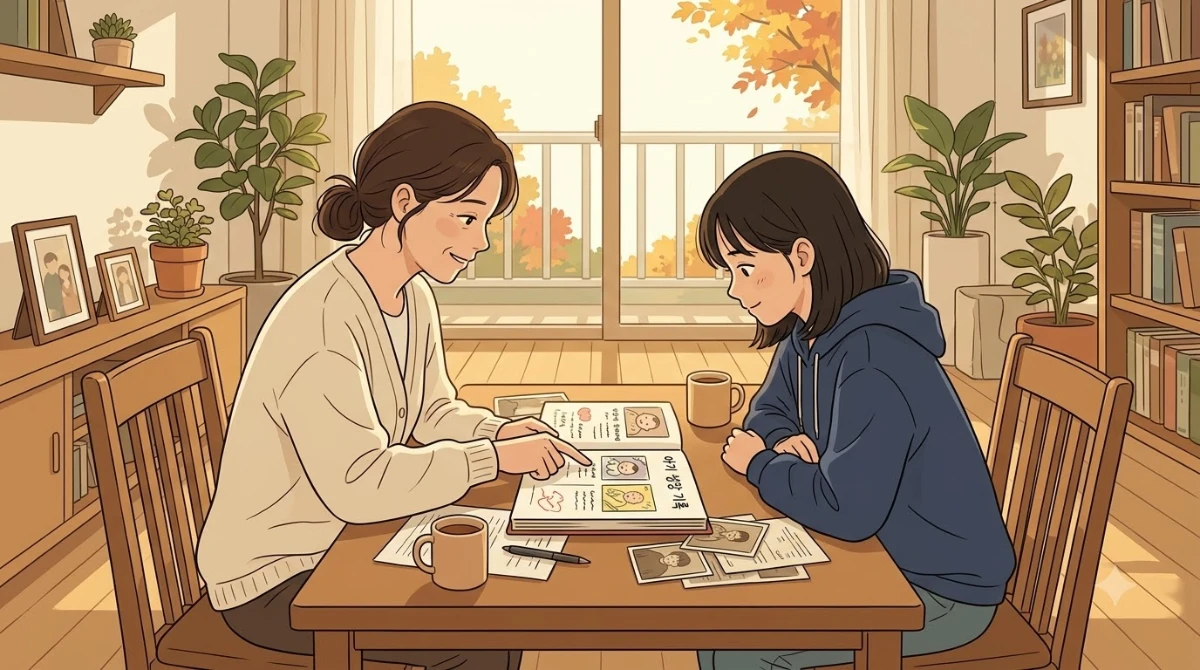 한국인 학부모와 중학생 자녀가 거실 테이블에 마주 앉아 아기수첩과 서류를 함께 확인하는 장면.