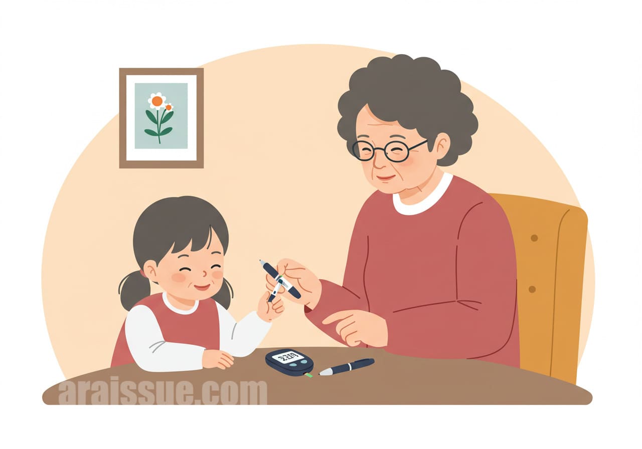 혈당 측정 중인 할머니 옆에서 놀고있는 손녀 일러스트