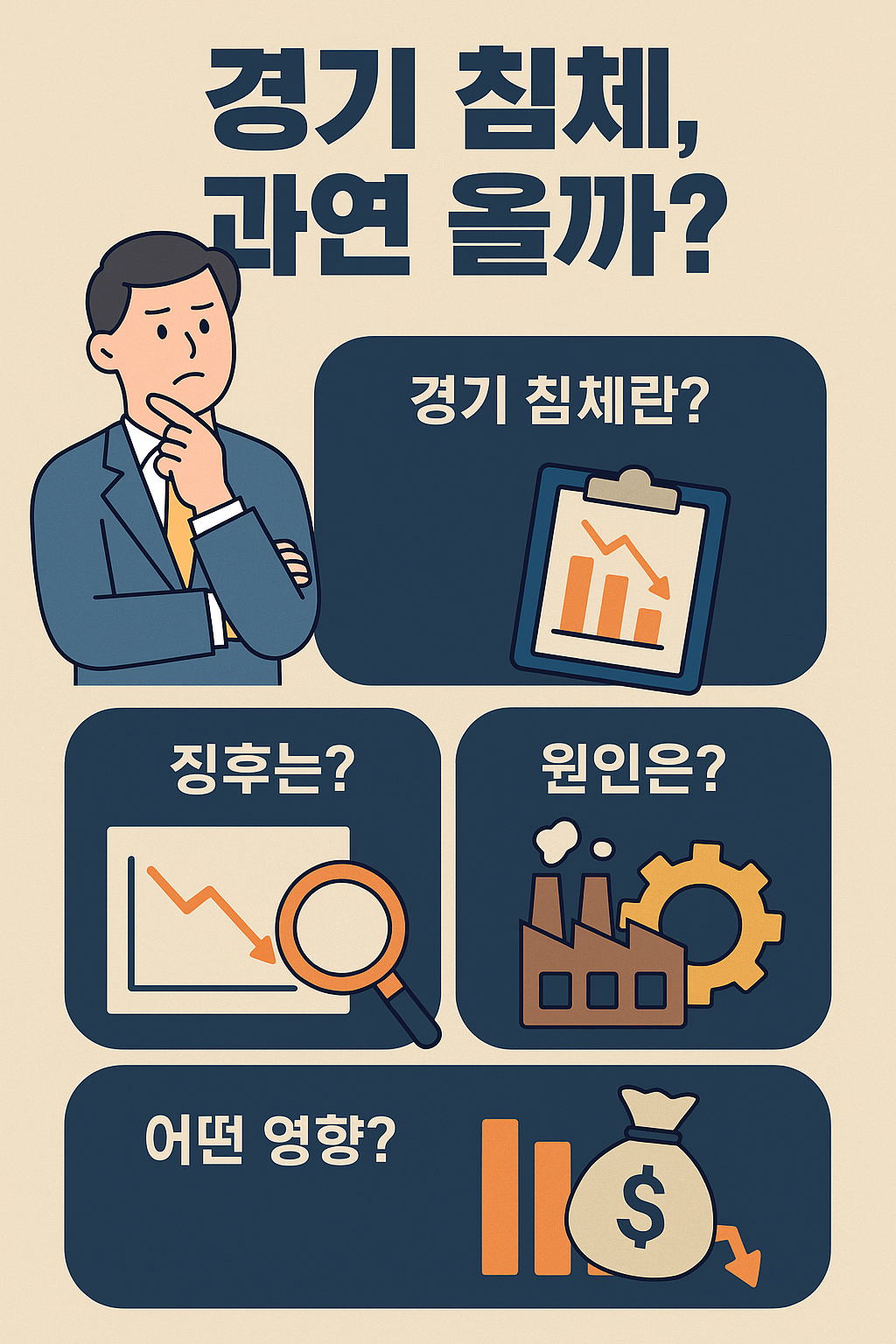 경기 침체 원인과 징후, 영향 등 글의 목차를 정리한 이미지