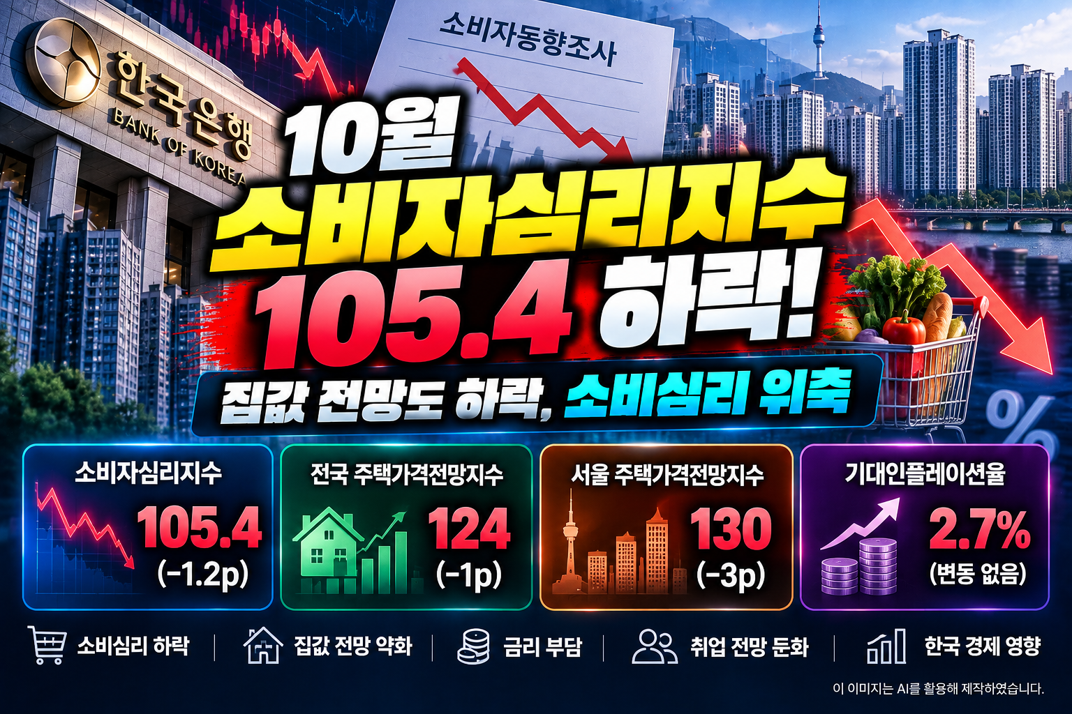 2026년 10월 소비자심리지수 105.4 하락과 전국 주택가격전망지수 124, 서울 집값 전망지수 130 및 금리&middot;소비심리 변화를 나타낸 이미지