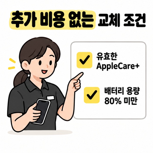 상담 직원이 유효한 AppleCare+와 배터리 용량 80% 미만이라는 추가 비용 없는 교체 조건을 가리키는 이미지