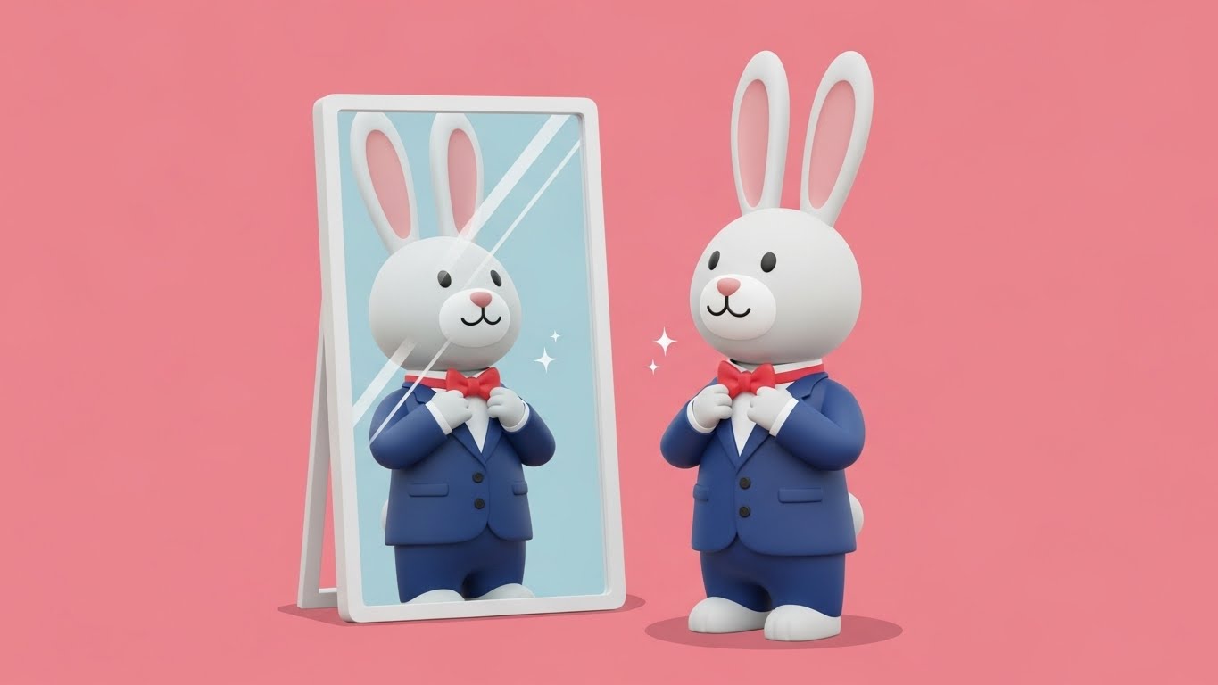 거울 앞에서 스타일을 정돈하며 자신을 가꾸는 우아한 토끼 캐릭터의 2D 플랫 벡터 일러스트