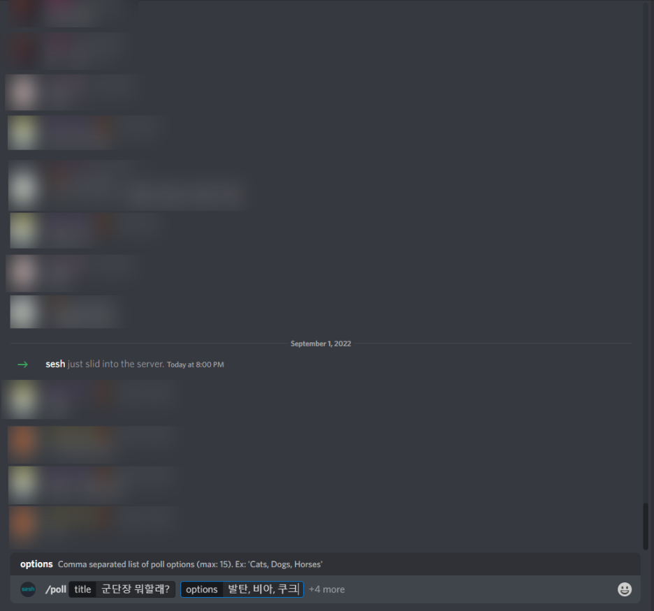 디스코드 투표봇 명령어 입력 화면