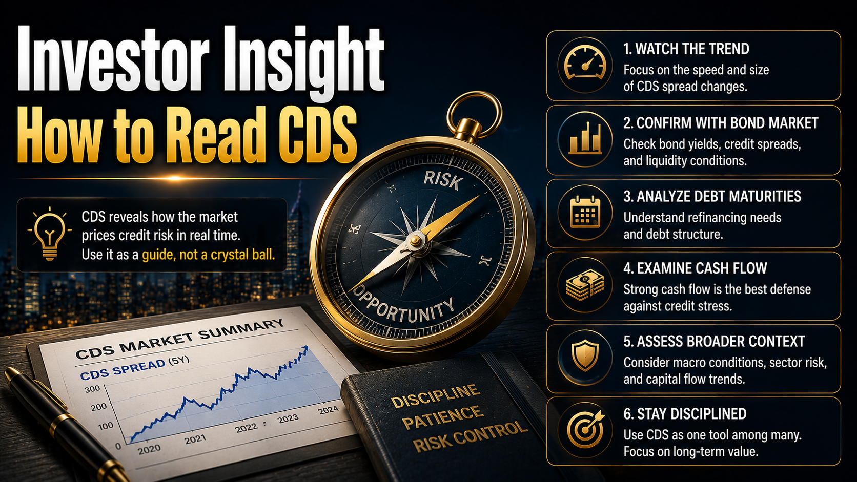 Key investor insights for reading CDS spreads, including trend analysis, bond market signals, debt maturity, cash flow, and risk management.