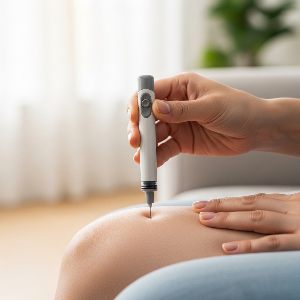 집에서-자가-주사를-맞을-때-피부에-수직으로-주사-펜을-들고-부드럽게-누르고-있습니다.