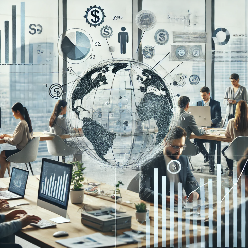 사무실에서 다양한 직원들이 재무 문서를 작업하는 모습