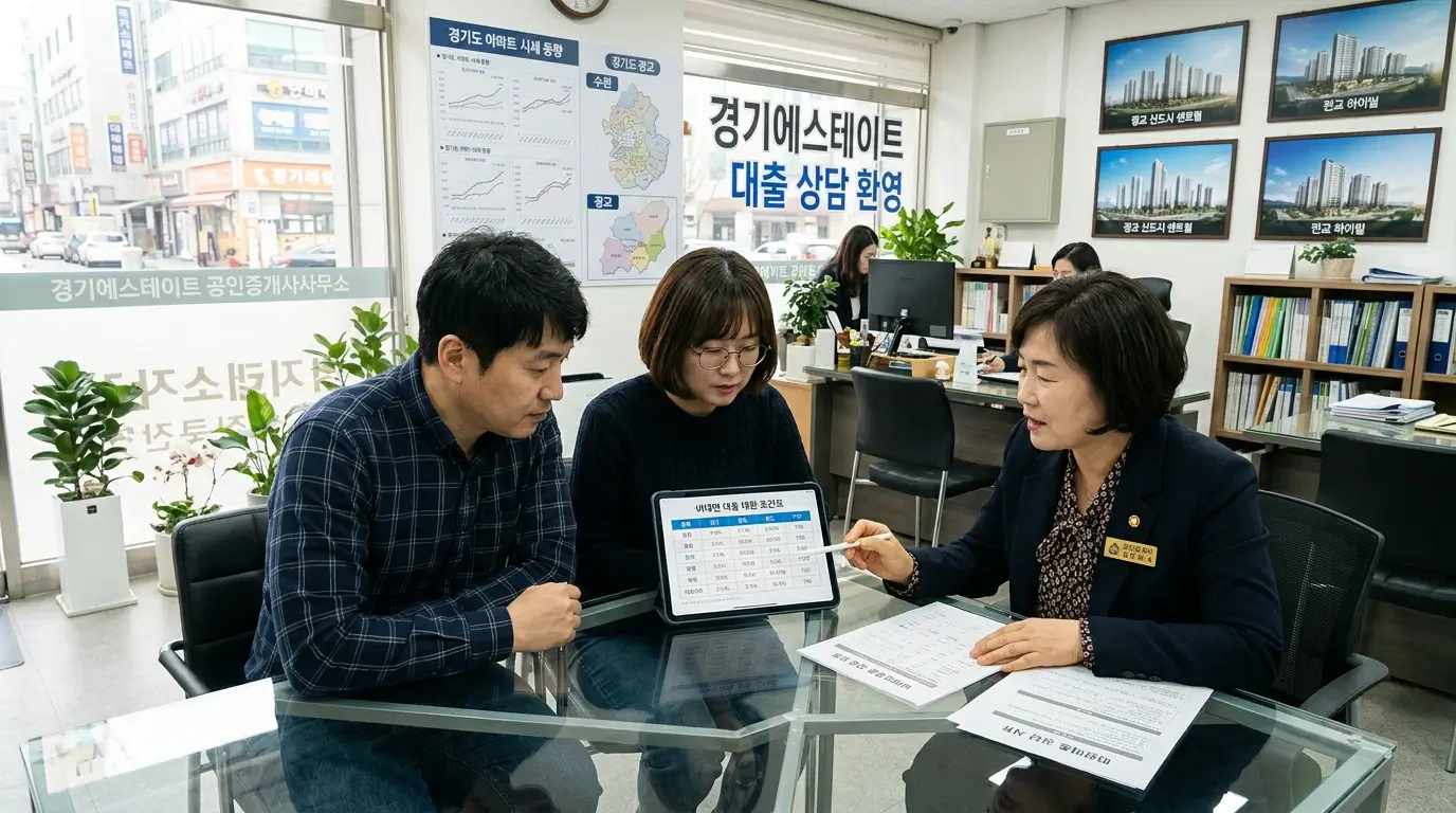 부동산 중개 사무소에서 태블릿 PC로 비대면 대환 대출 조건표를 함께 짚어보며 심각하게 상의하는 40대 부부와 공인중개사
