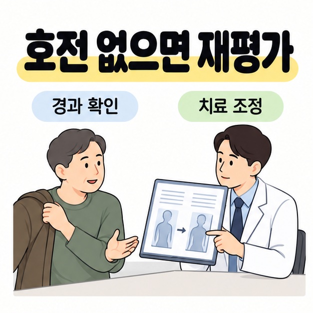 환자가 옷 입을 때의 불편을 설명하고 의료진이 기록을 살피며 경과 확인과 치료 조정을 상담하는 이미지