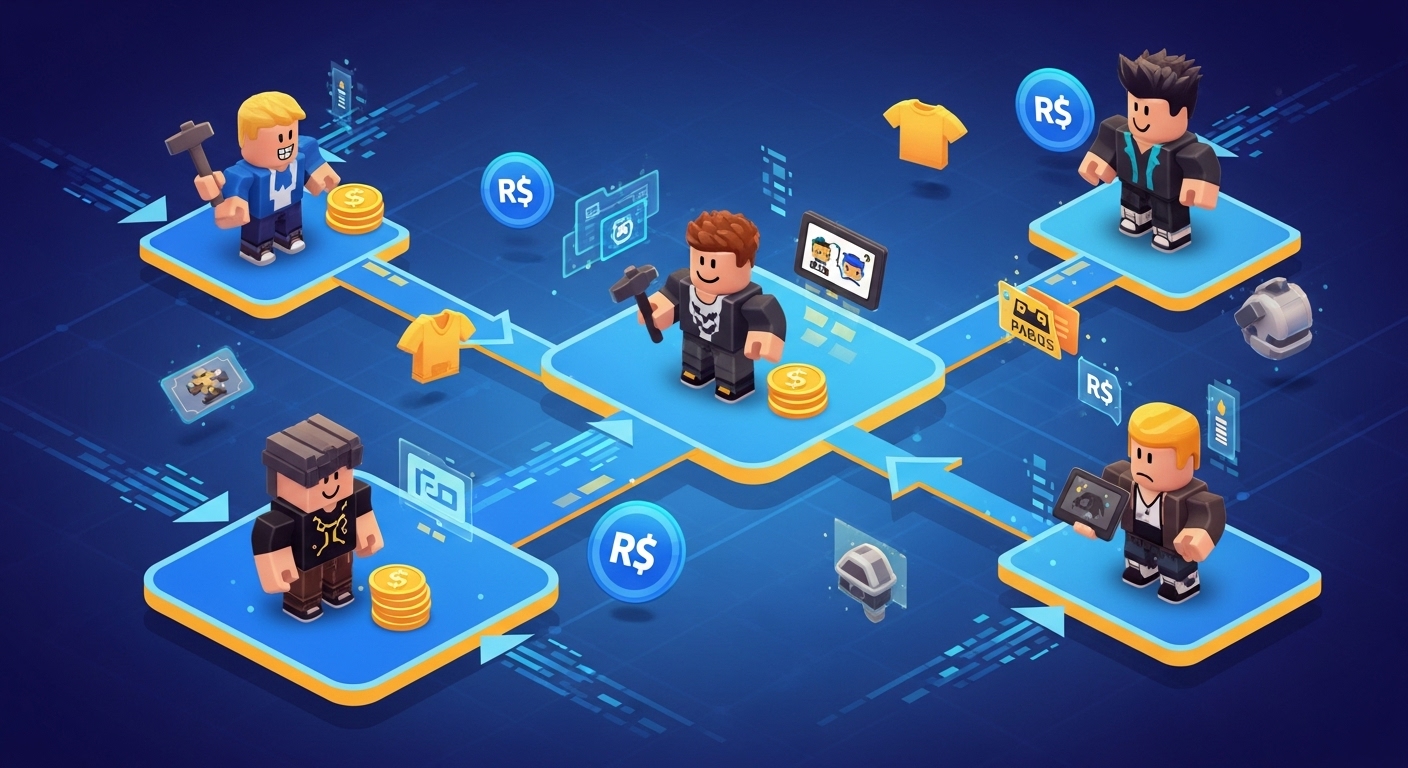 복잡하게 얽힌 경제활동을 상징하는 로블록스 캐릭터와 가상화폐 이미지를 배경으로 한 다이어그램