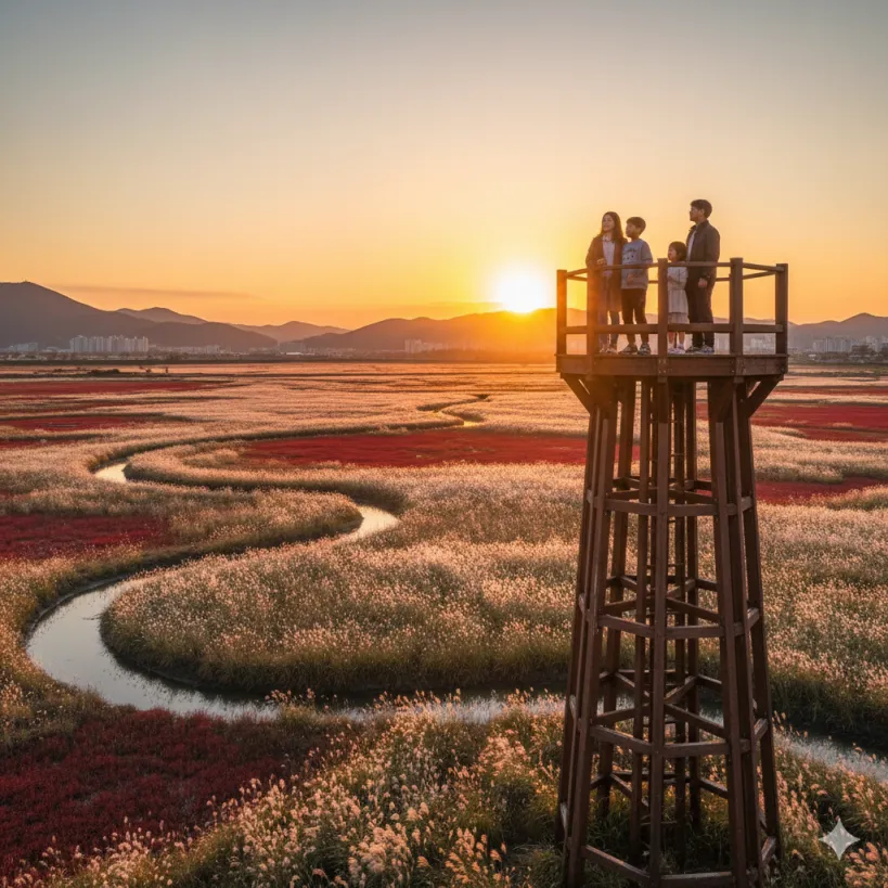시흥 갯골생태공원 전망대에서 노을을 보는 가족