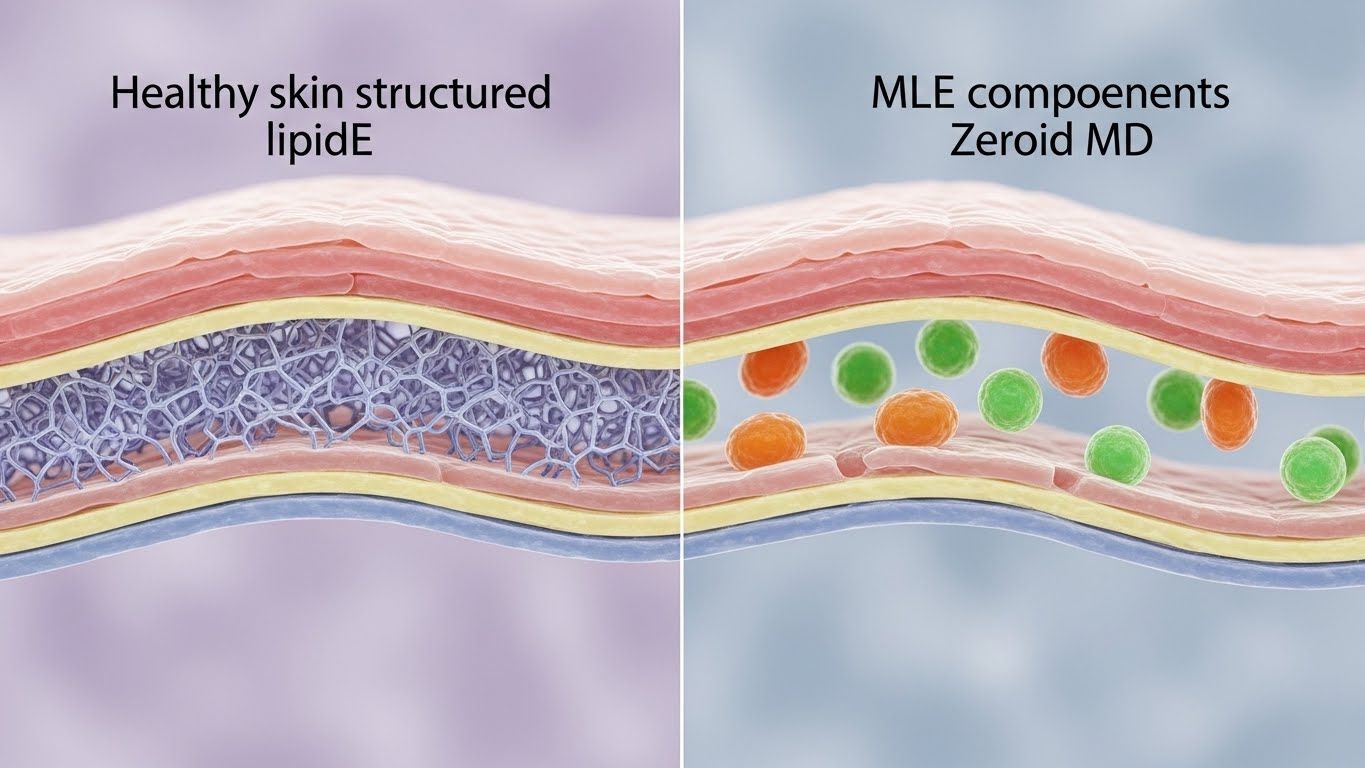 건강한 피부 장벽 지질이 완벽하게 구조화된 다층 에멀젼(MLE) 층을 형성하는 모습을 클로즈업하고 현미경으로 관찰한 결과