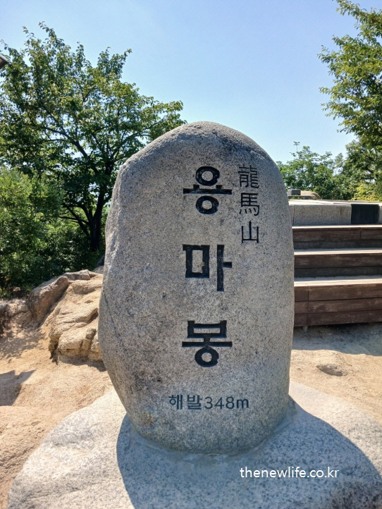 Summit marker of Yongmabong (348m), proving improved endurance through consistent walking training.-용마봉 해발 348m 정상 표지석 – 꾸준한 걷기 운동으로 심폐지구력이 향상되어 단숨에 오른 결과.