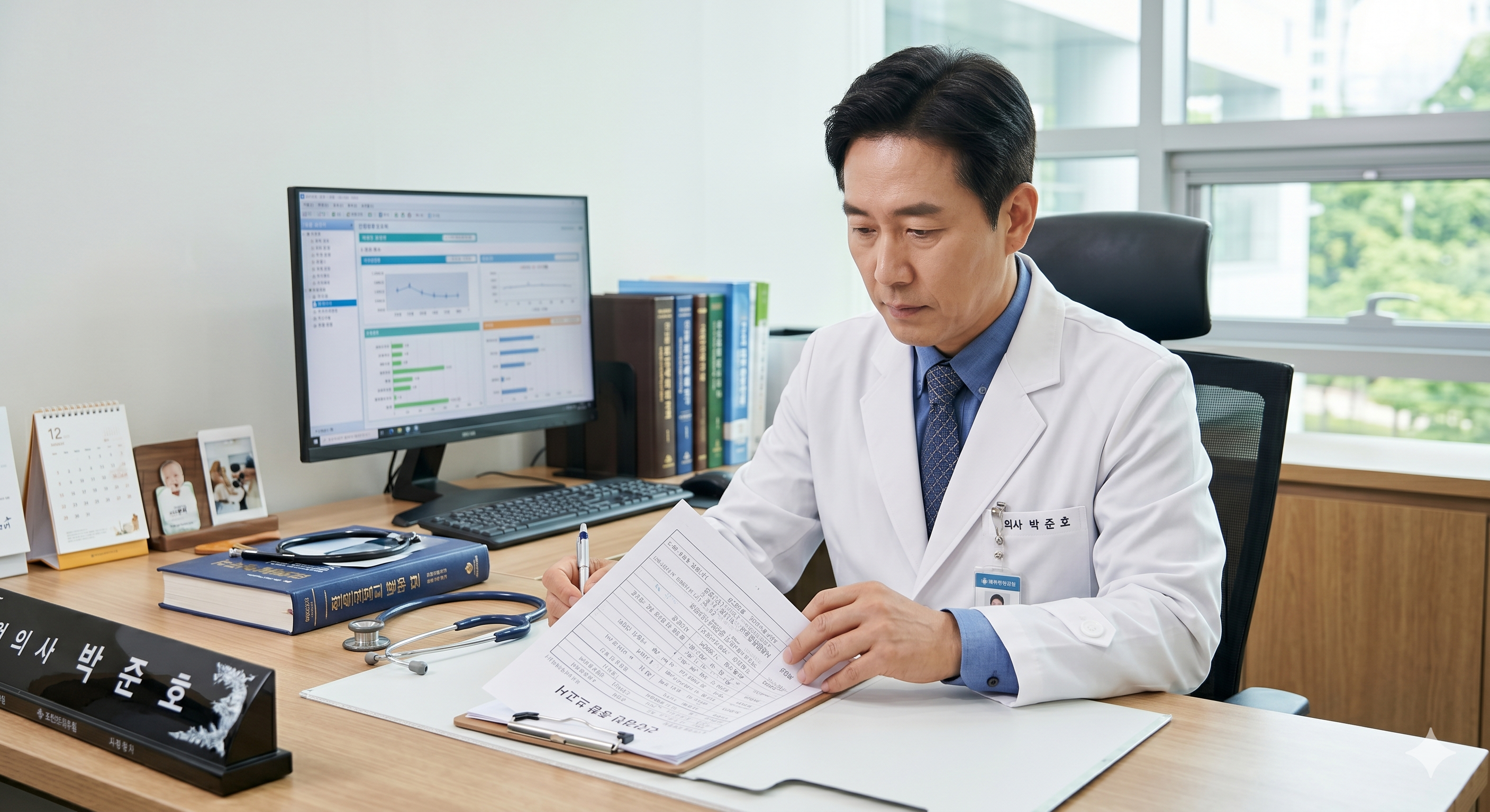 건강검진 보고서를 검토하는 의사