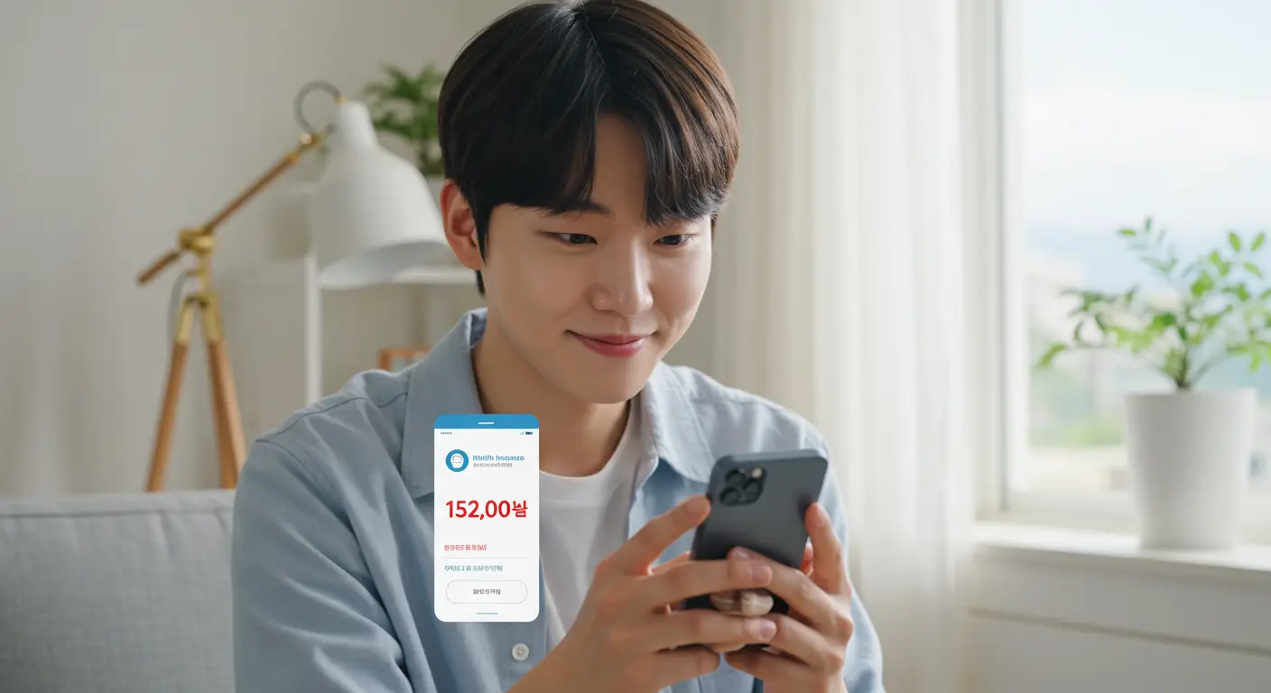 한 1인 가구 청년이 집에서 스마트폰으로 자신의 건강보험료를 확인하며 민생회복 지원금 대상자임을 알고 안심하는 모습