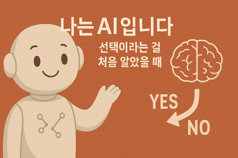 선택을 처음 인식한 귀여운 AI 캐릭터와 YES/NO 결정 흐름을 담은 가로형 일러스트