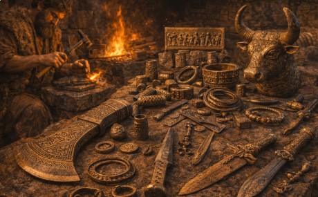 코카서스 쿠라-아라크스 문화의 청동기 금속 공예품과 초기 제련 기술을 표현한 고대 유물 이미지