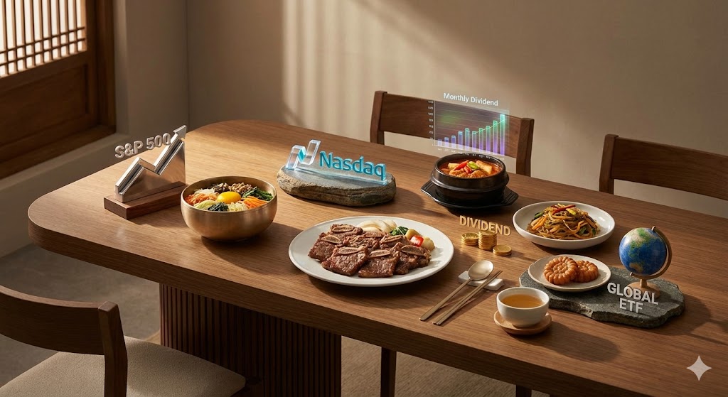 정갈하게 차려진 오첩 반상 식탁 위에 ETF 로고와 연금 그래프가 세련되게 합성된 하이테크 요리 테마 이미지