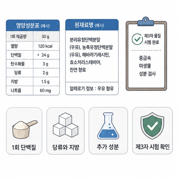 유청 단백질 제품의 실제 단백질 함량과 당류, 지방, 추가 성분과 제3자 품질시험 여부를 확인하는 모습을 보여주는 그림