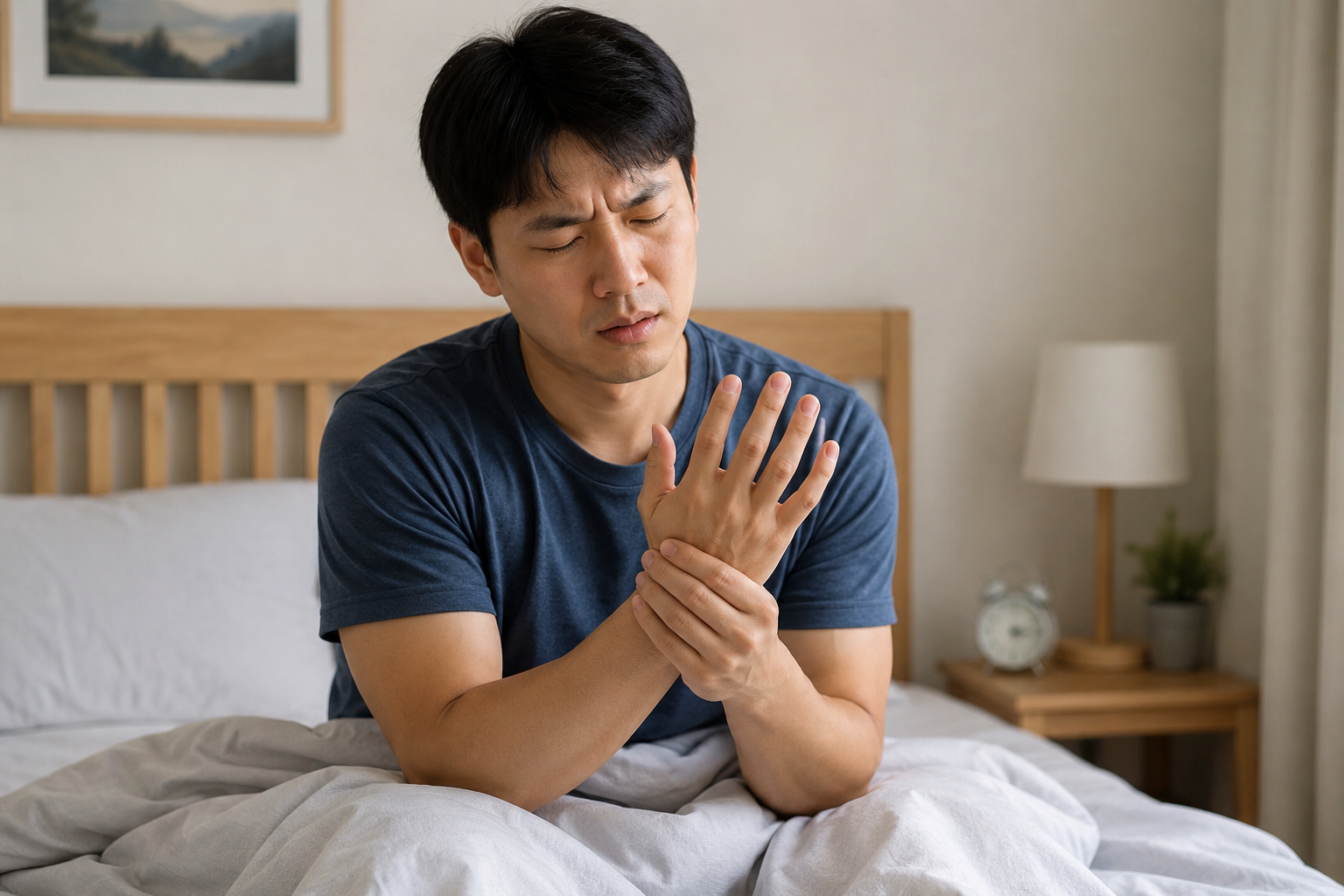 아침에 일어나 손 저림을 풀고 있는 사람의 모습