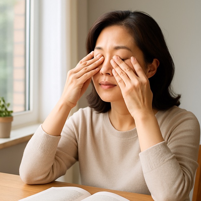 자연광 아래에서 눈을 감고 부드럽게 눈 마사지를 하는 중년 여성(출처: 자체제작)