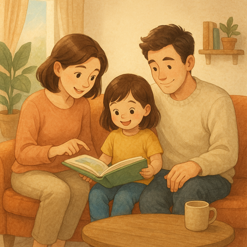 거실에서 부모와 아이가 함께 책을 읽으며 웃고 있는 따뜻한 가족의 모습