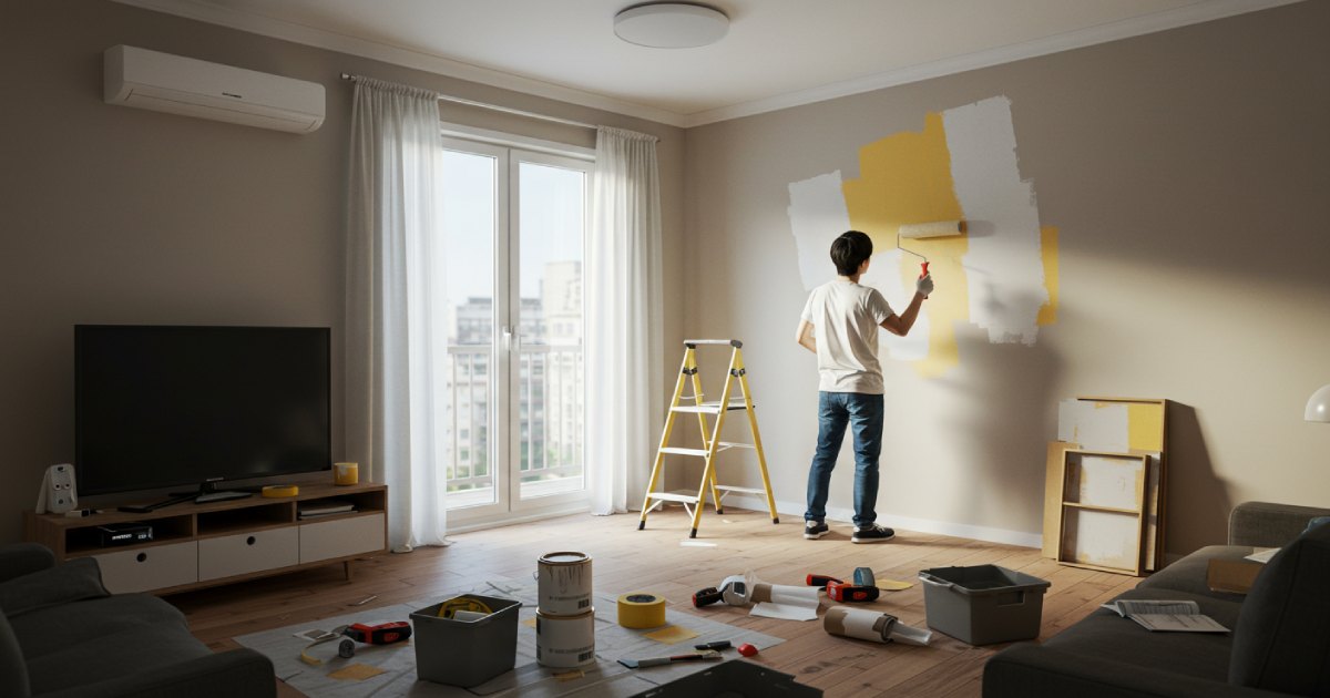 아파트 벽에 셀프 페인팅하는 사람의 모습과 작업 도구