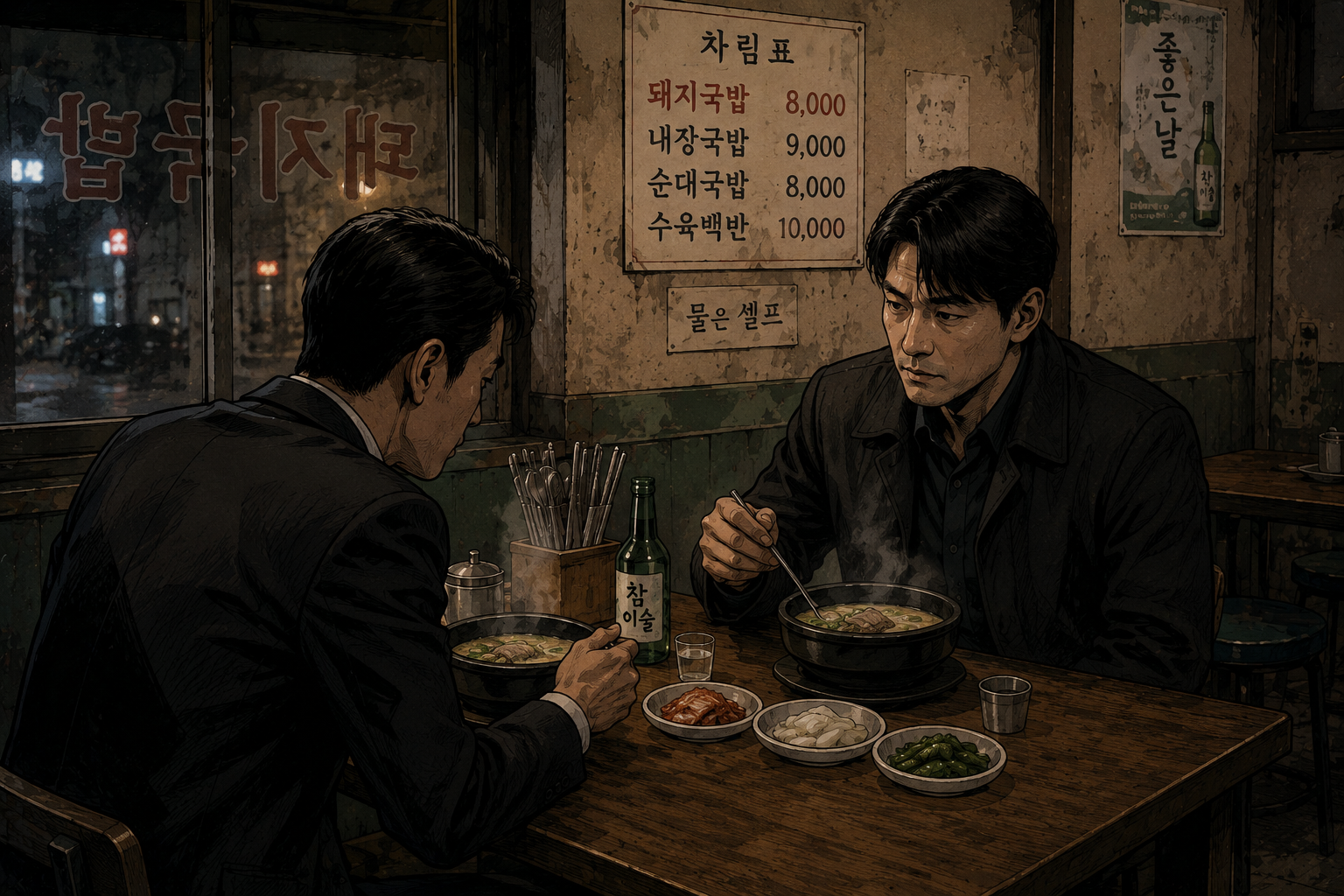 영화 휴민트 속 국밥 먹는 이미지