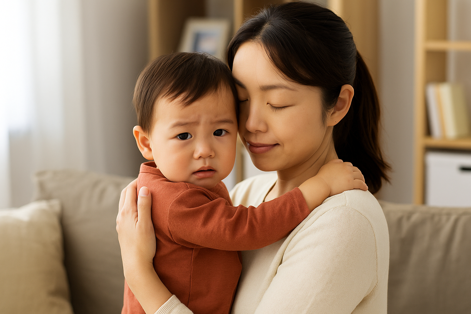 거실에서 1~2세 아기가 엄마 품에 안겨 있는 장면. 아기는 살짝 불안한 표정을 짓고, 엄마는 눈을 감고 부드럽게 아이를 안으며 안정감을 주는 모습