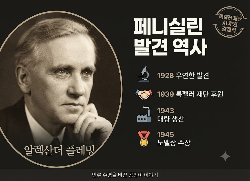 알렉산더 플레밍 초상화와 페니실린의 역사적 주요 연도를 나타낸 인포그래픽 (1928년 우연한 발견, 1939년 록펠러 재단 후원, 1943년 대량 생산, 1945년 노벨상 수상)