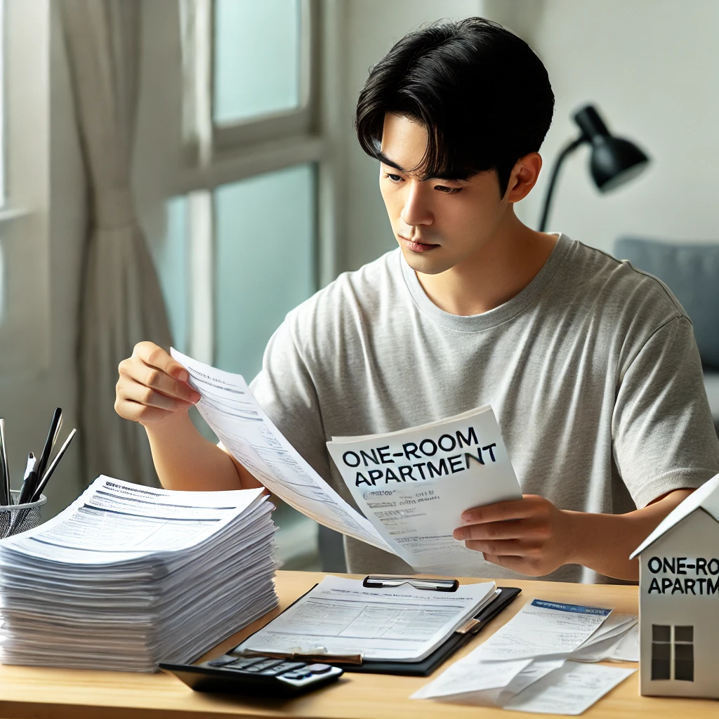 한 사람이 한국의 원룸 임대와 관련된 중요한 문서들을 정리하는 모습. 이 사람은 계약서, 영수증, 기타 서류들을 깔끔한 책상 위에서 정리하고 있습니다. 집중하고 체계적으로 작업하는 모습이 강조되어, 직거래 후 문서 정리와 관리의 중요성을 보여줍니다. 배경에는 현대적인 아파트 환경과 창문 너머로 보이는 전형적인 한국 도시 주거 요소들이 있습니다.