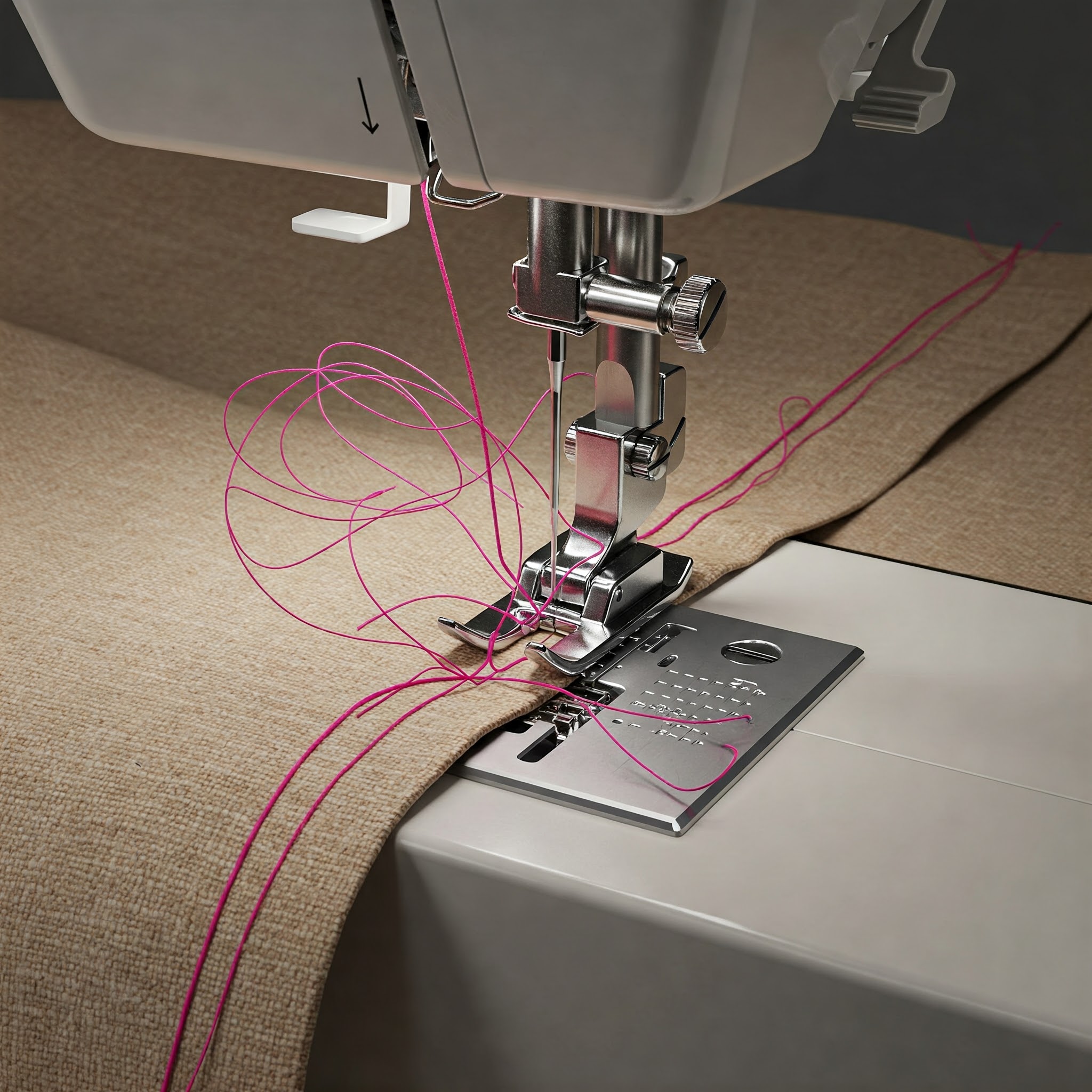 미싱으로 박음질하는데 핑크색 실이 엉켜서 제대로 박음질이 안됐다.