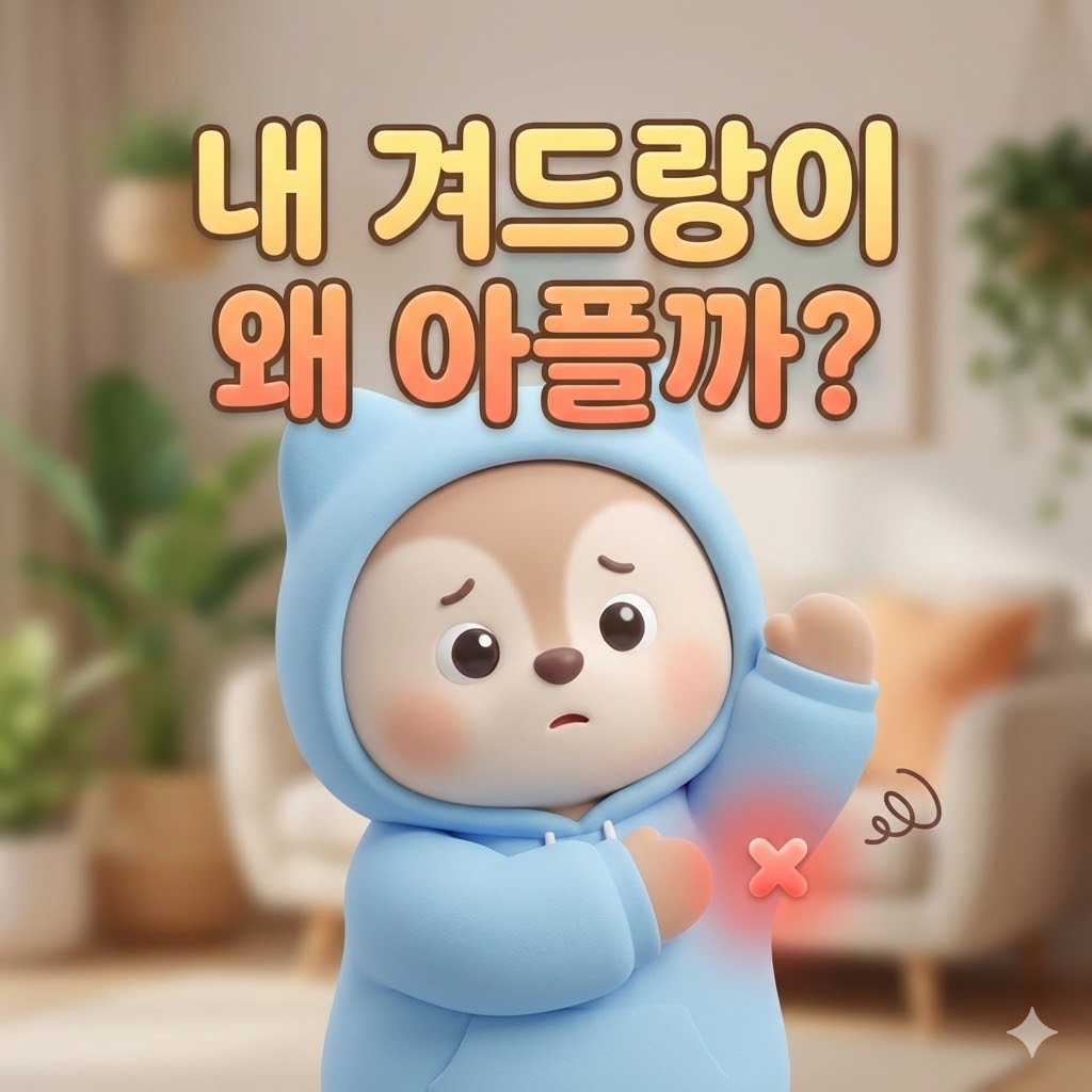 겨드랑이 통증으로 고민하는 귀여운 캐릭터 일러스트. 원인을 궁금해하는 메시지가 함께 있습니다.