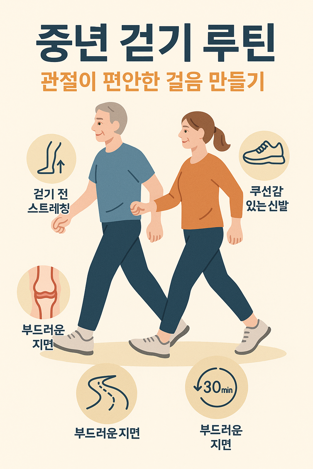 중년 남성이 공원 산책로에서 바른 자세로 걷고 있는 모습과 함께 걷기 루틴, 신발, 지면 선택 등을 안내하는 인포그래픽 스타일 일러스트