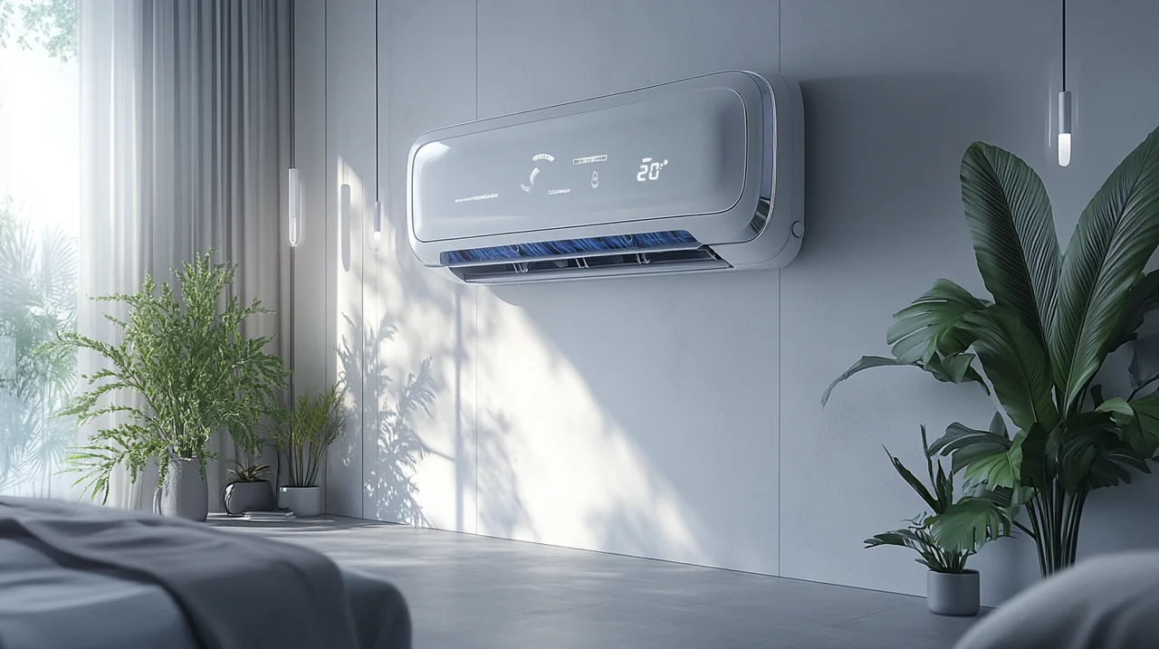 스마트 컨트롤을 통해 미래형 에어컨의 특징과 가격 비교. 미니멀리즘 인테리어에서 첨단 기술로 개인의 편안한 선호도에 맞춰 조절하는 능력을 보여줍니다.