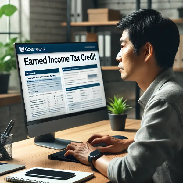 컴퓨터로 근로장려금을 신청하는 동양인 성인의 모습