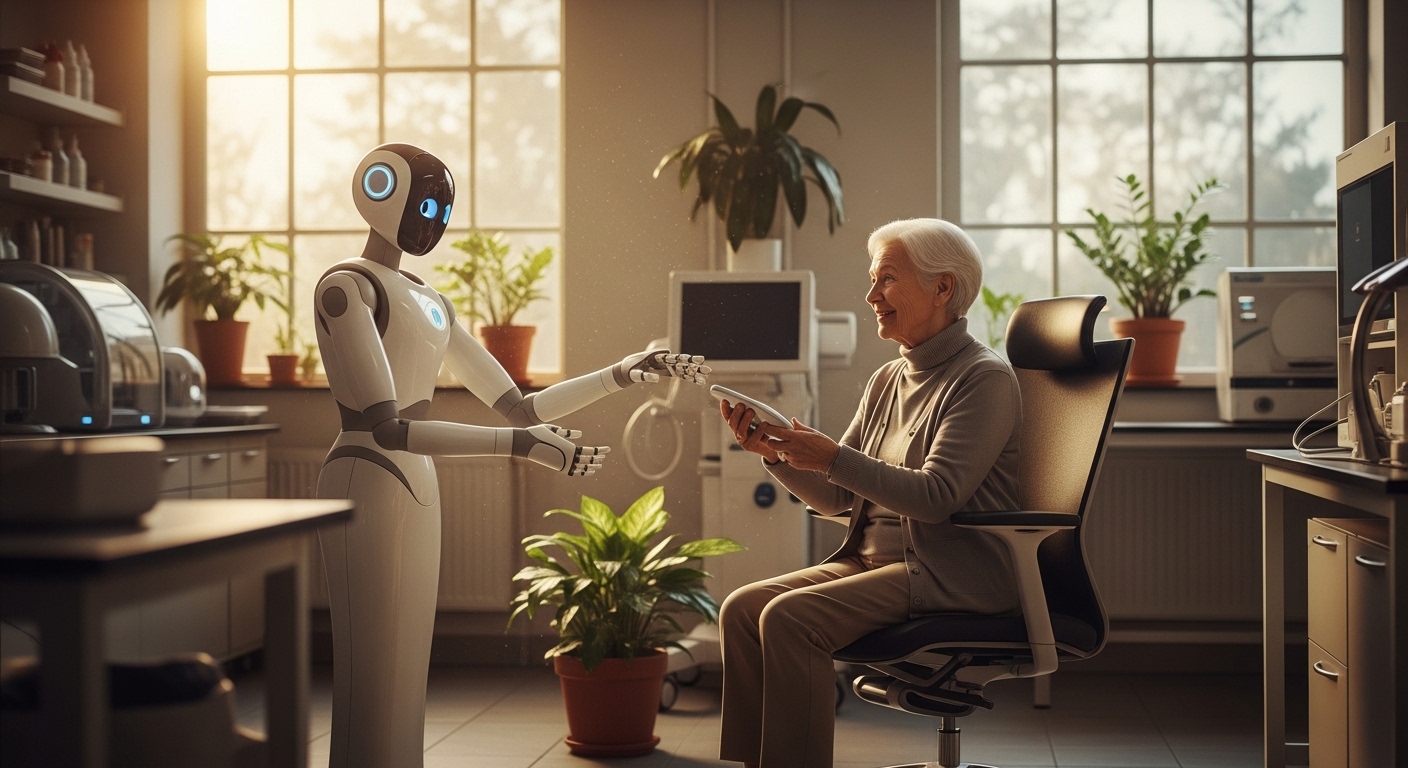 인간의 수명을 연장하는 헬스케어 기술과 평화로운 미래 사회를 상징하는 따뜻한 분위기의 이미지