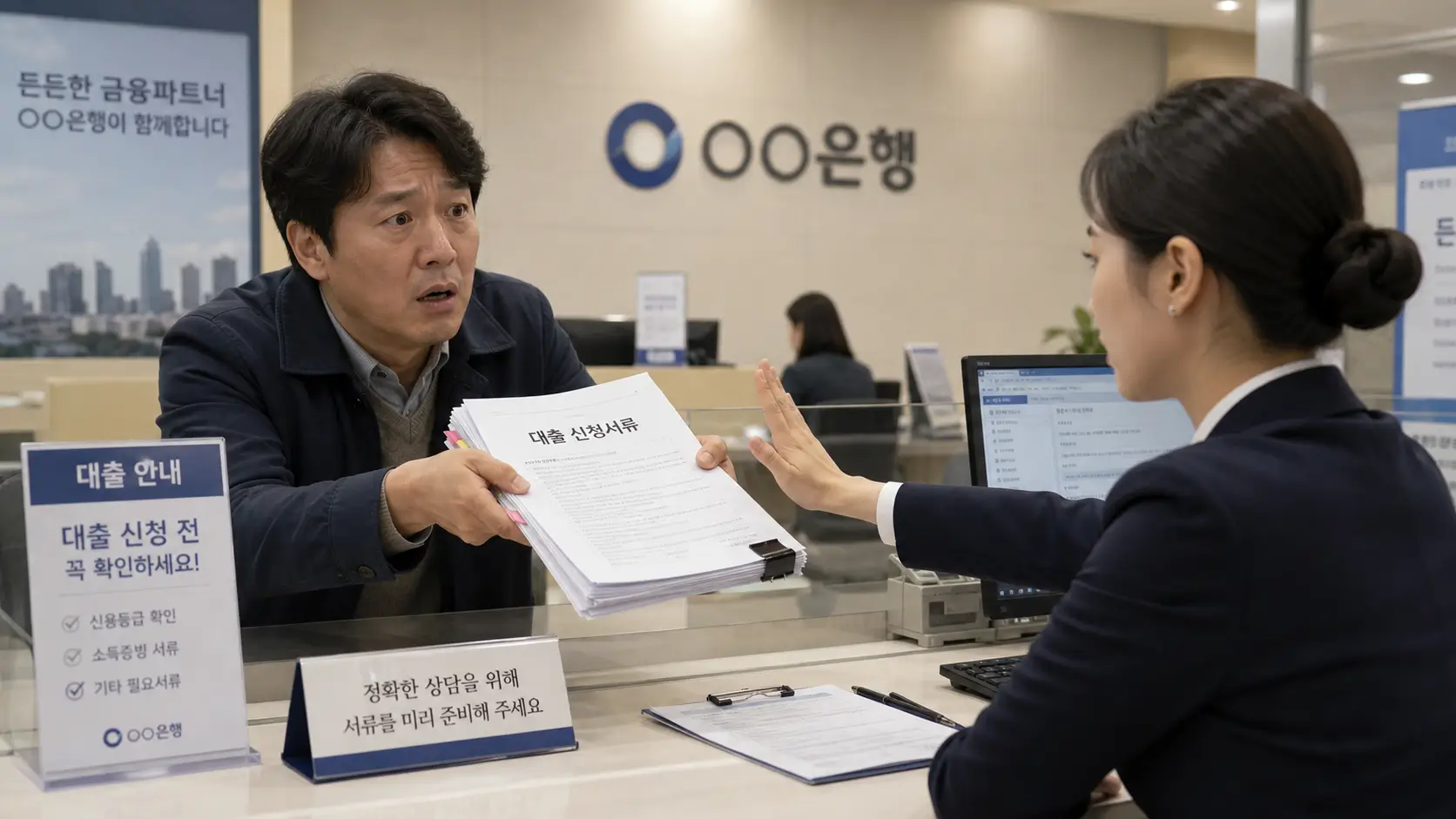 한국의 은행 창구에서 정성껏 준비한 대출 서류를 내밀었지만 단호하게 거절당해 충격받은 표정의 40대 자영업자와 안내하는 은행원