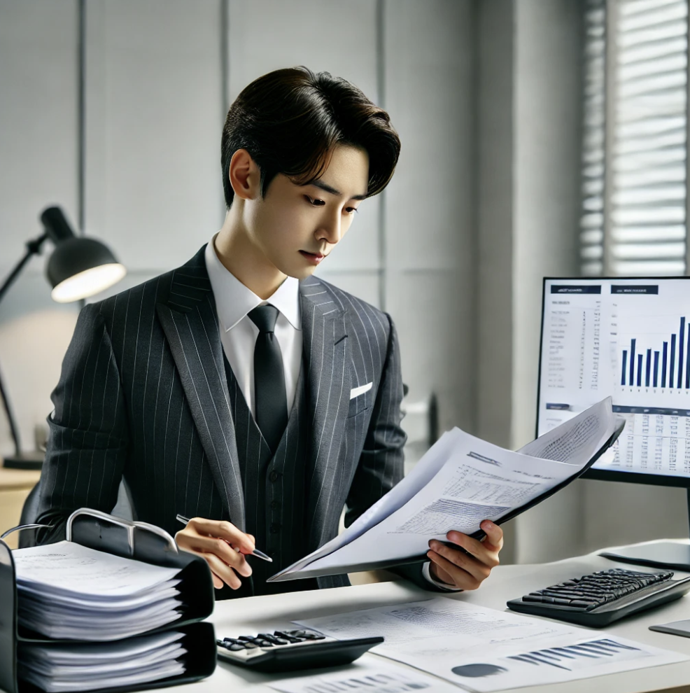 공익법인이 기부받은 재산을 정리하고 보고서를 작성하는 장면
