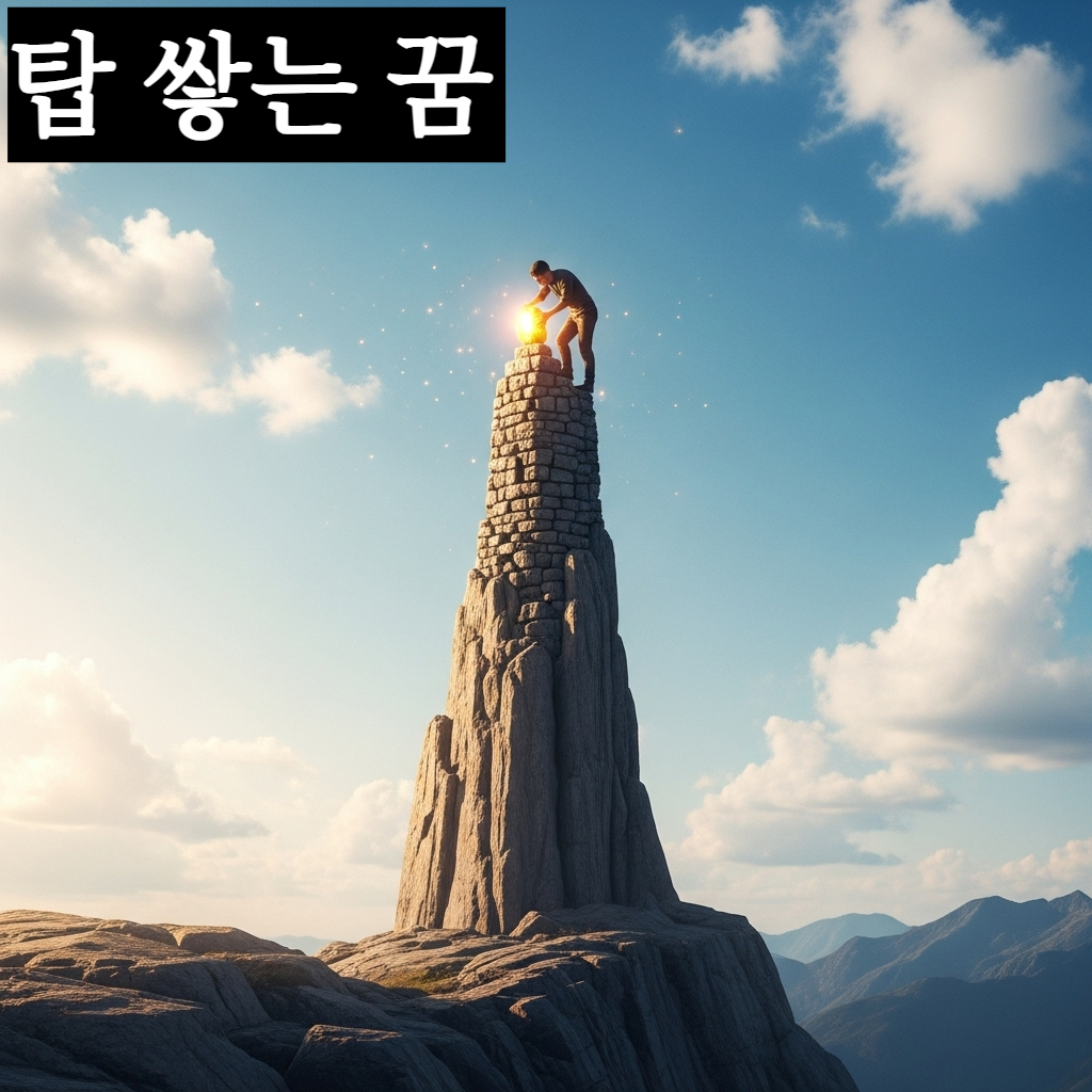 맑고 푸른 하늘 아래에서 정성스럽게 돌탑을 쌓아 올리며 성공의 기운을 만끽하고 있는 현대적인 한국인 전문가의 일러스트