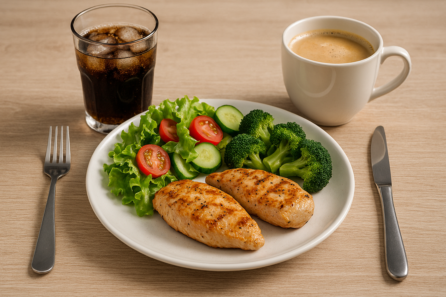 식사와 함께 놓인 커피와 탄산음료 이미지