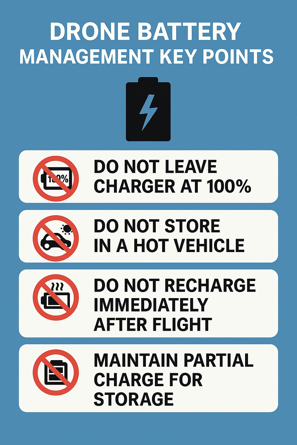 드론 배터리를 안전하게 관리해 수명을 늘리는 핵심 주의사항을 요약한 인포그래픽 스타일 비주얼