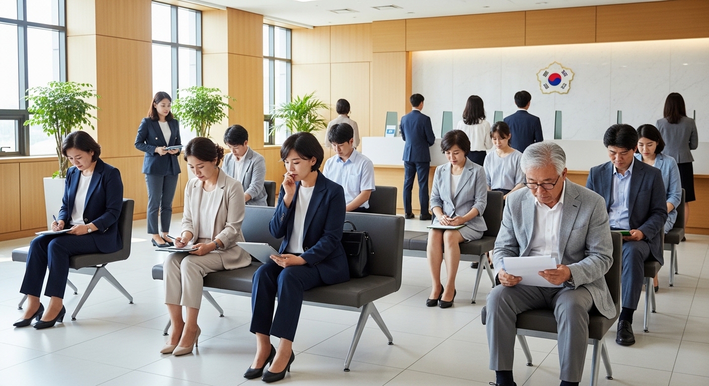 미국 대사관 대기실에서 차분하고 단정한 모습으로 비자 인터뷰를 기다리는 다양한 한국인 신청자들.