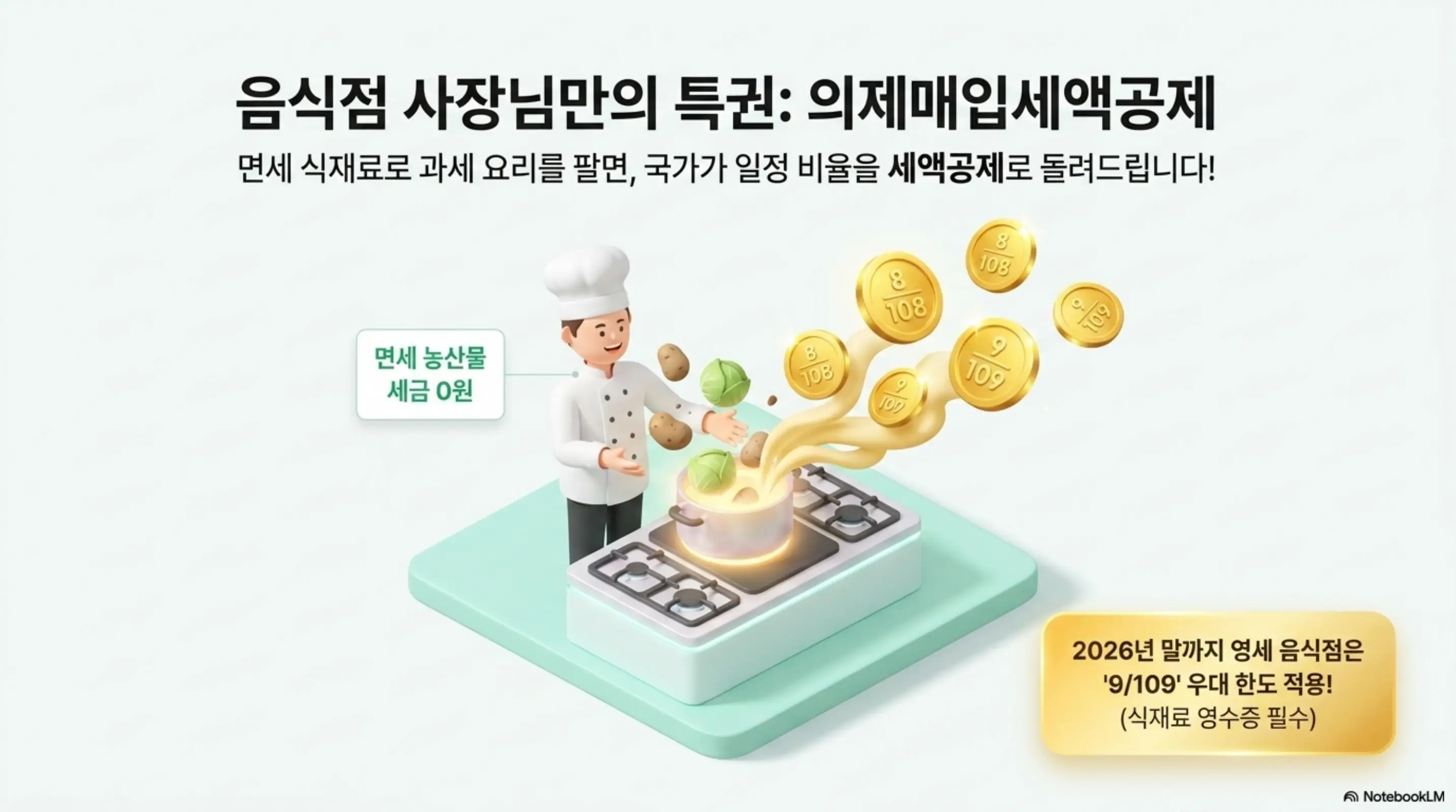 매입세액공제: 음식점 사장님만의 특권 의제매입세액공제라는 문구가 포함된 이미지. 셰프가 면세 농산물로 요리하면 금화가 쏟아지는 장면과 2026년 말까지 영세 음식점 우대 공제율 9/109 적용이라는 안내를 통해 의제매입세액공제 제도를 시각적으로 전달하며 블로그의 절세 팁 안내를 설명함