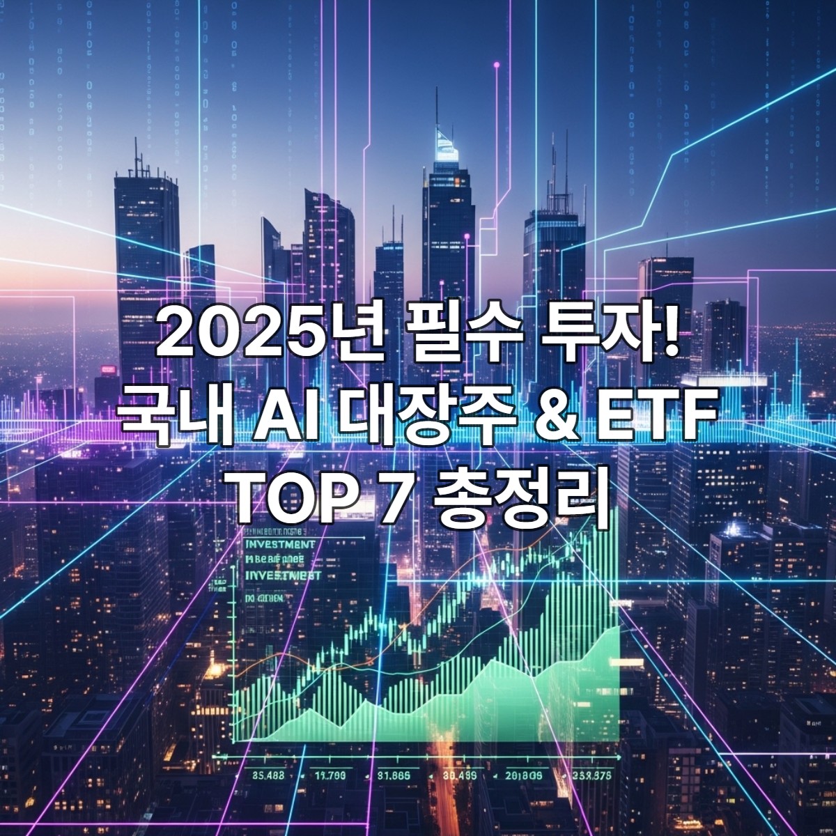 한국 AI 기술과 주식 시장의 성장을 상징하는 미래 지향적인 이미지. 인공지능 관련 기술과 차트가 상승하는 모습이 역동적으로 표현되어 있습니다.