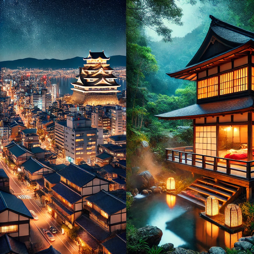 오카야마 시내 야경 & 자연 속 료칸 모습 비교