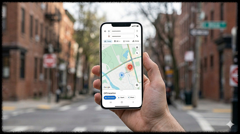 지도에서 현재 위치가 실제와 다르게 표시되는 스마트폰 모습