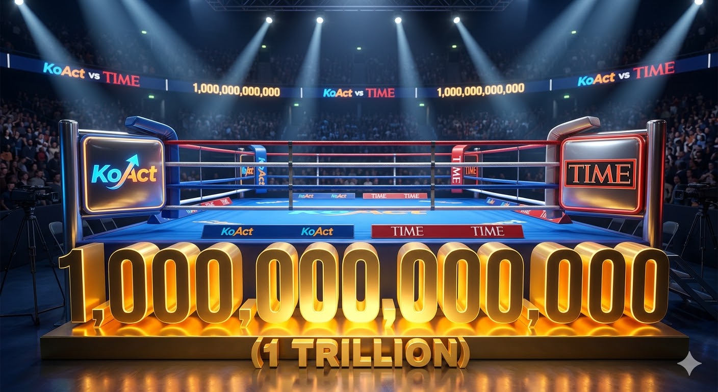 화려한 격투기 링 위에 'KoAct'와 'TIME' 로고가 마주 보고 있고, 그 아래로 1조 원이라는 숫자가 황금색으로 빛나는 3D 일러스트