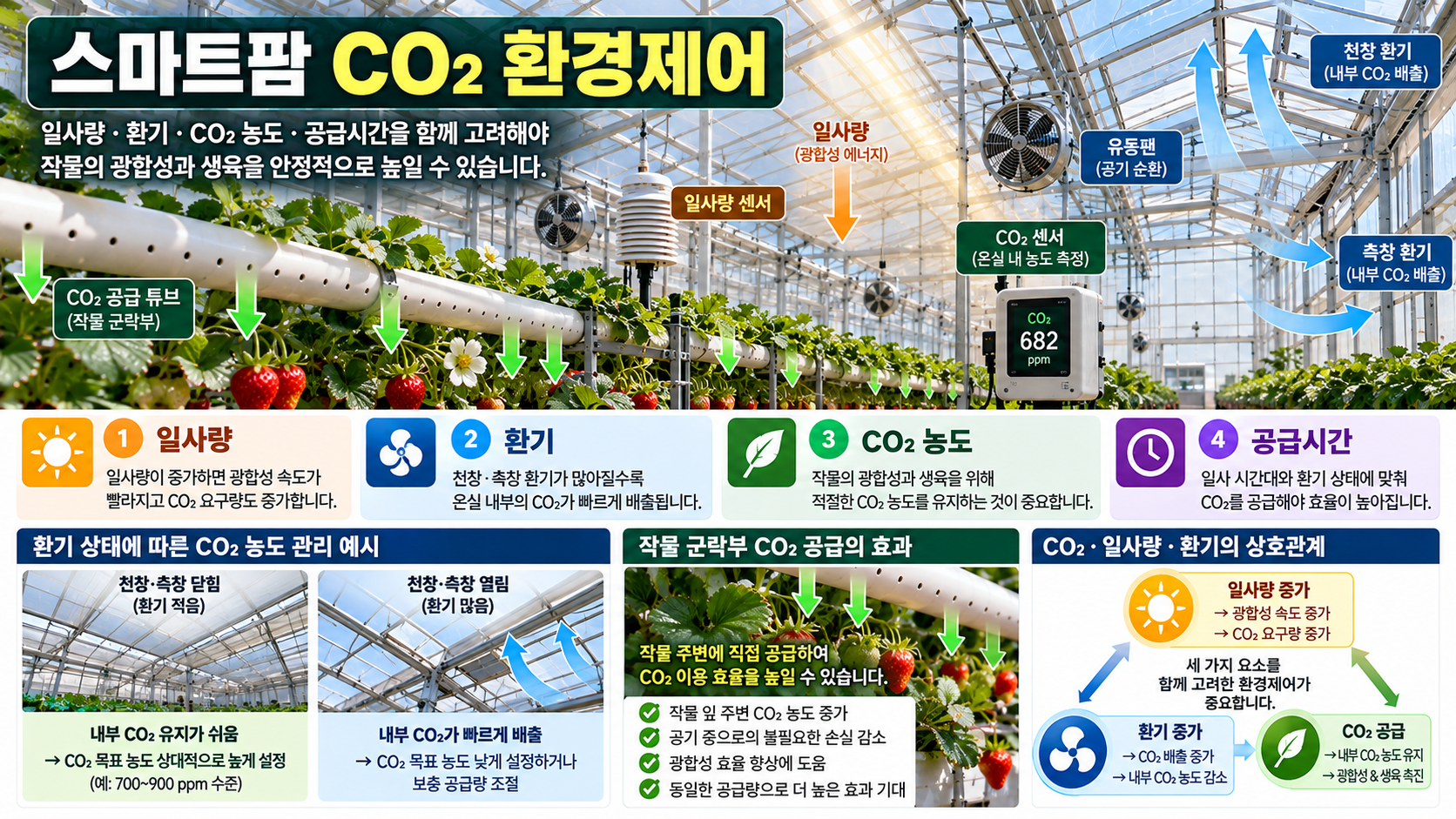 스마트팜 CO₂ 환경제어의 원리: 일사량&middot;환기&middot;농도&middot;공급시간을 함께 봐야 하는 이유