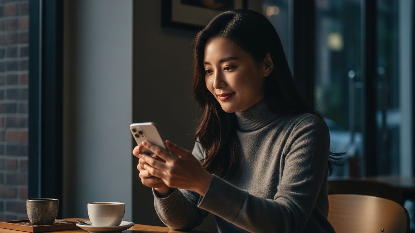카페에서 편안하게 스마트폰을 이용해 착한운전 마일리지를 신청하고 미소 짓는 여성의 모습